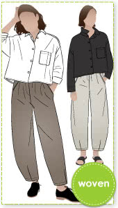 Archie and Barry Bundle By Style Arc - Boxy shaped short length shirt with shirt collar and long sleeves paired with elastic waisted pant with a slight balloon shaped darted leg.