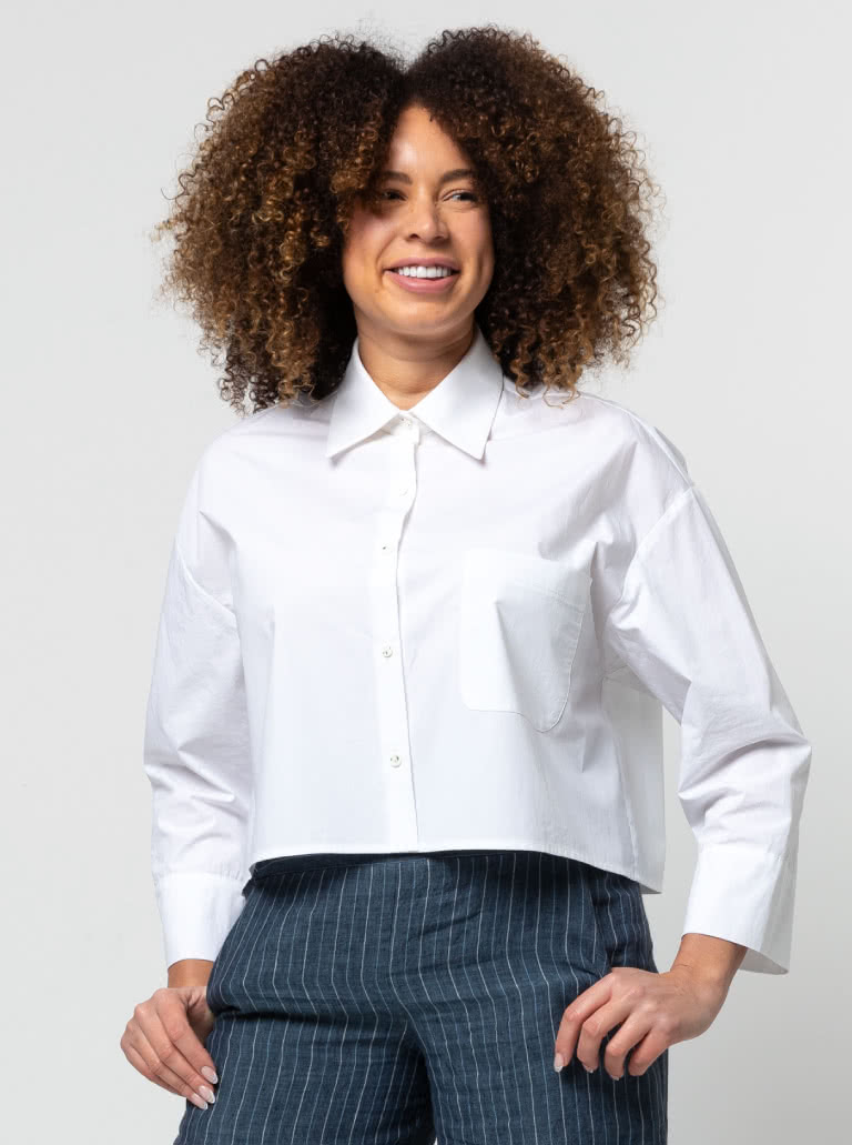 Archie Woven Shirt By Style Arc - Boxy shaped short length shirt with shirt collar and long sleeves.