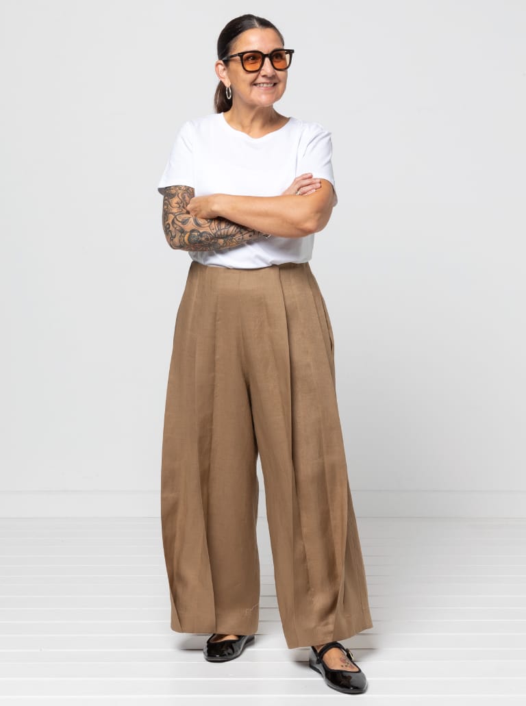 Atlas Woven Pant By Style Arc - Waisted wide leg crop pant with wide twisted pleat detail and side seam pockets.
