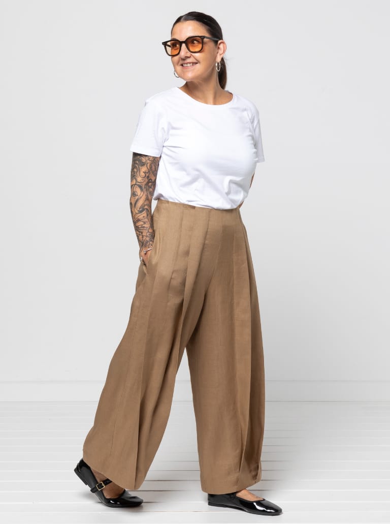 Atlas Woven Pant By Style Arc - Waisted wide leg crop pant with wide twisted pleat detail and side seam pockets.