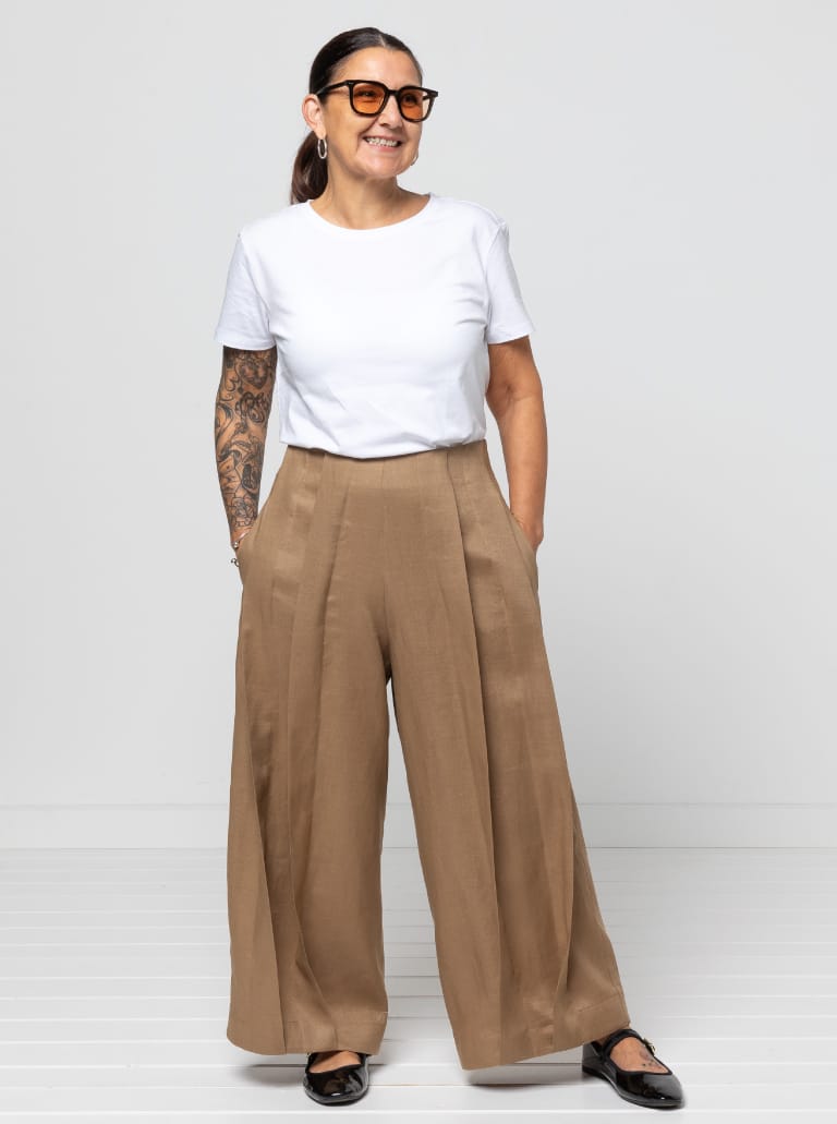 Atlas Woven Pant By Style Arc - Waisted wide leg crop pant with wide twisted pleat detail and side seam pockets.