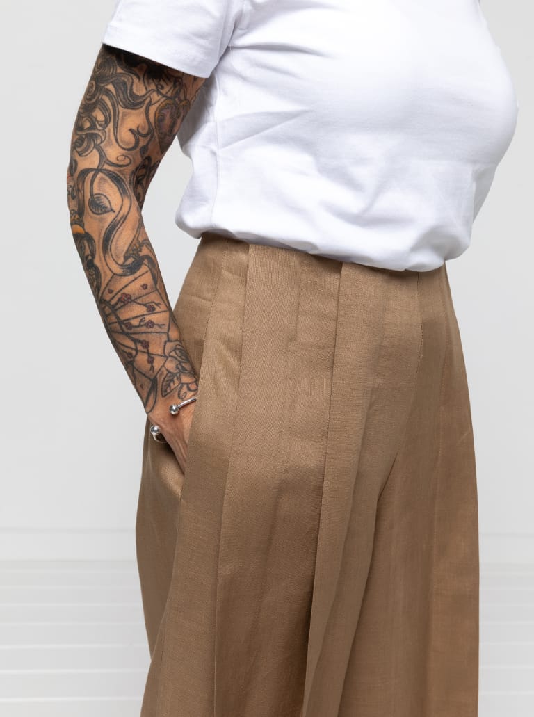 Atlas Woven Pant By Style Arc - Waisted wide leg crop pant with wide twisted pleat detail and side seam pockets.