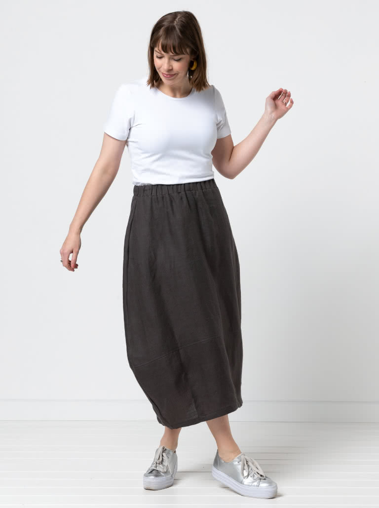 Ayla Woven Skirt By Style Arc - Cocoon shape elastic waist skirt with a darted hem and inseam pockets