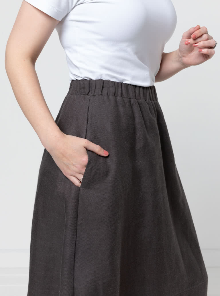 Ayla Woven Skirt By Style Arc - Cocoon shape elastic waist skirt with a darted hem and inseam pockets