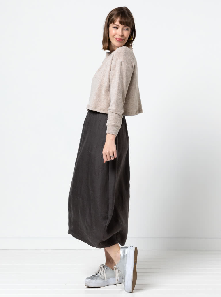 Ayla Woven Skirt By Style Arc - Cocoon shape elastic waist skirt with a darted hem and inseam pockets