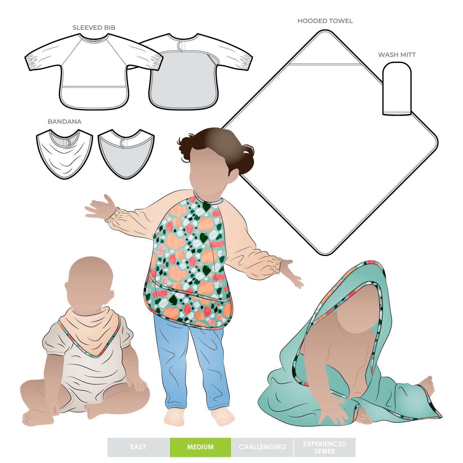 Baby Bundle Baby Bundle by Style Arc - Pattern set including long sleeved full coverage baby bib, hooded towel, wash mitt and bandana bib.