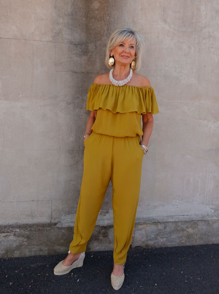 Barbara Jumpsuit and Pant By Style Arc - Slip on jumpsuit with elastic waist, shoulder ruffle and pleated cuffs. Or an elastic waist pant with pleated cuffs.