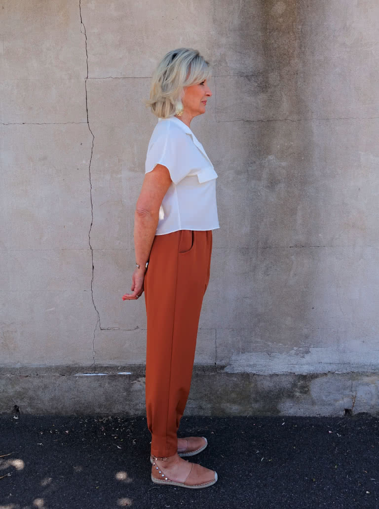 Barbara Jumpsuit and Pant By Style Arc - Slip on jumpsuit with elastic waist, shoulder ruffle and pleated cuffs. Or an elastic waist pant with pleated cuffs.