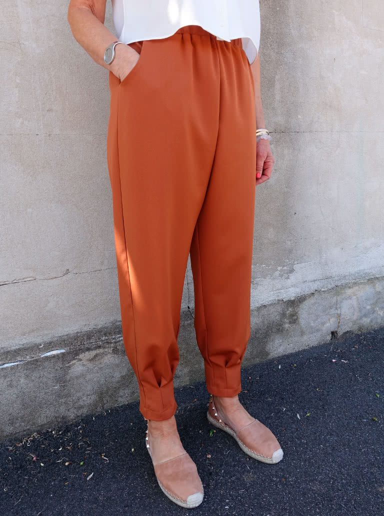 Barbara Jumpsuit and Pant By Style Arc - Slip on jumpsuit with elastic waist, shoulder ruffle and pleated cuffs. Or an elastic waist pant with pleated cuffs.