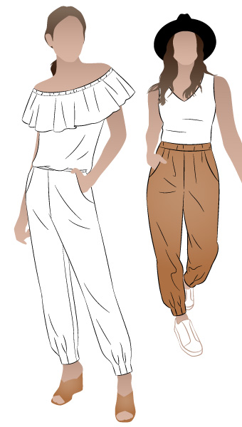 Barbara Jumpsuit and Pant By Style Arc - Slip on jumpsuit with elastic waist, optional shoulder ruffle and pleated cuffs. Or an elastic waist pant with pleated cuffs.