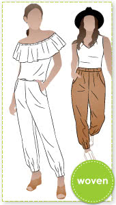 Barbie Jumpsuit and Pant By Style Arc - Slip on jumpsuit with elastic waist, shoulder ruffle and pleated cuffs. Or an elastic waist pant with pleated cuffs.