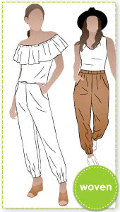 Barbara Jumpsuit and Pant By Style Arc - Slip on jumpsuit with elastic waist, shoulder ruffle and pleated cuffs. Or an elastic waist pant with pleated cuffs.