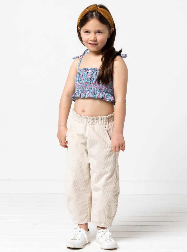 Barry Kids Pant and Top By Style Arc - Crop top with shirring and rouleau straps & Elastic waist, pull-on, balloon shape pant with pockets, for kids 02-16