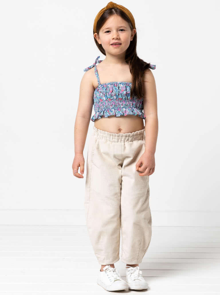 Barry Kids Pant and Top By Style Arc - Crop top with shirring and rouleau straps & Elastic waist, pull-on, balloon shape pant with pockets, for kids 02-16