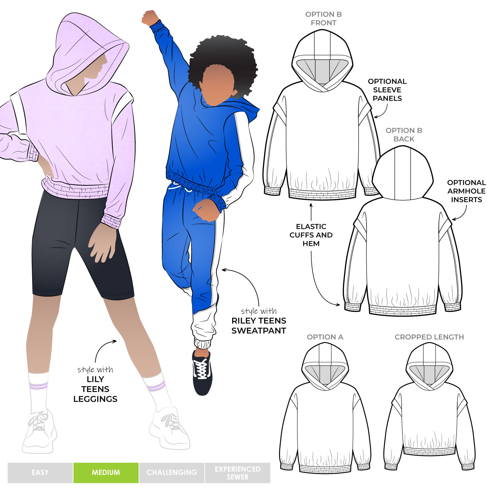 Beckett Teens Sweater By Style Arc - Pull on sweater with hood, optional spliced sleeve with cap and elastic hem and cuffs, for teens 8-16