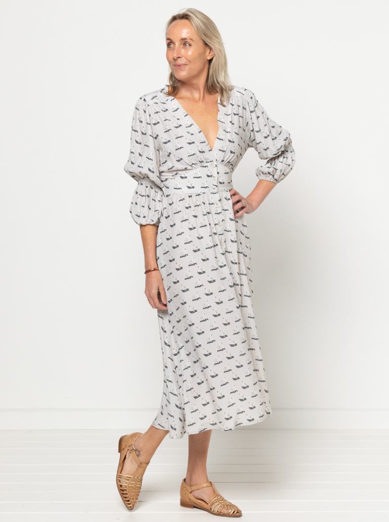 Belle Woven Dress By Style Arc - Make a statement with the new Belle Woven Dress. "V" neck, button through dress with shirred sleeves and back bodice.