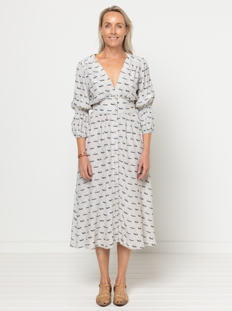 Belle Woven Dress By Style Arc - Make a statement with the new Belle Woven Dress. "V" neck, button through dress with shirred sleeves and back bodice.