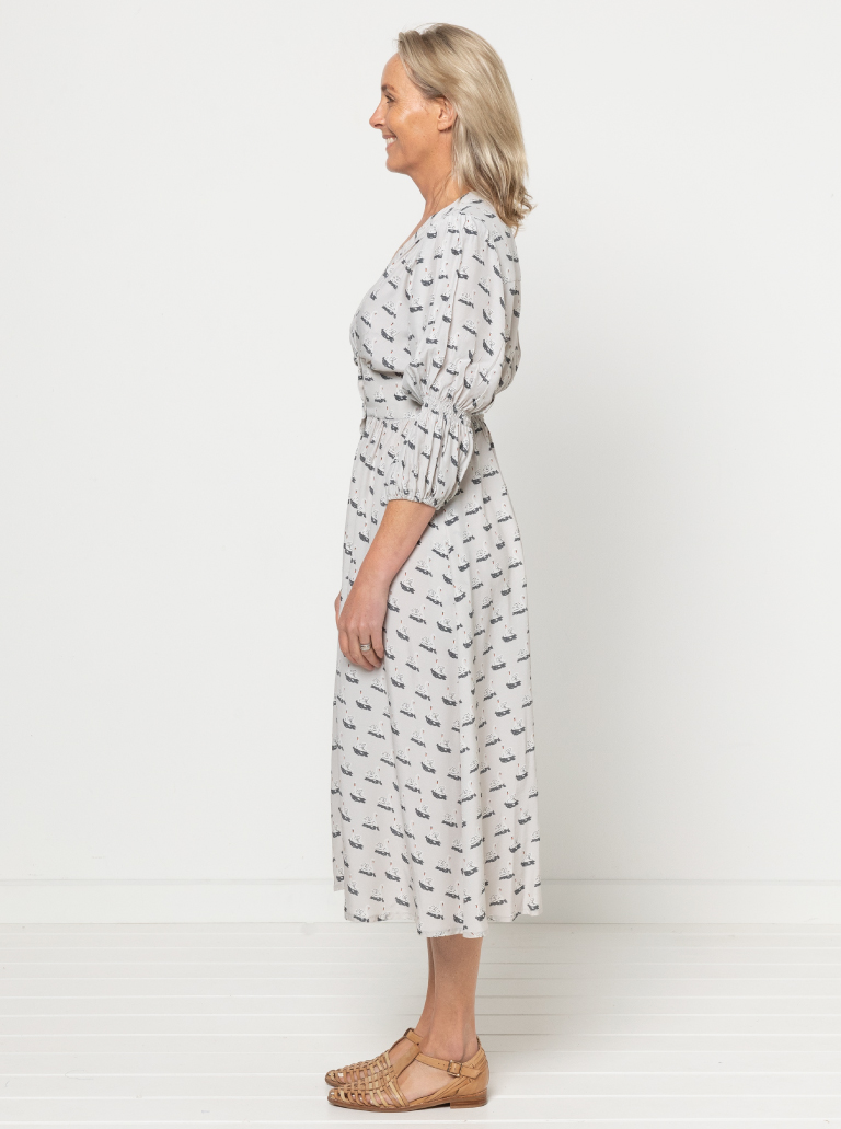 Belle Woven Dress By Style Arc - Make a statement with the new Belle Woven Dress. "V" neck, button through dress with shirred sleeves and back bodice.