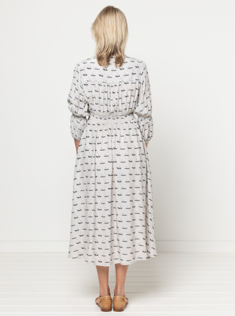Belle Woven Dress By Style Arc - Make a statement with the new Belle Woven Dress. "V" neck, button through dress with shirred sleeves and back bodice.