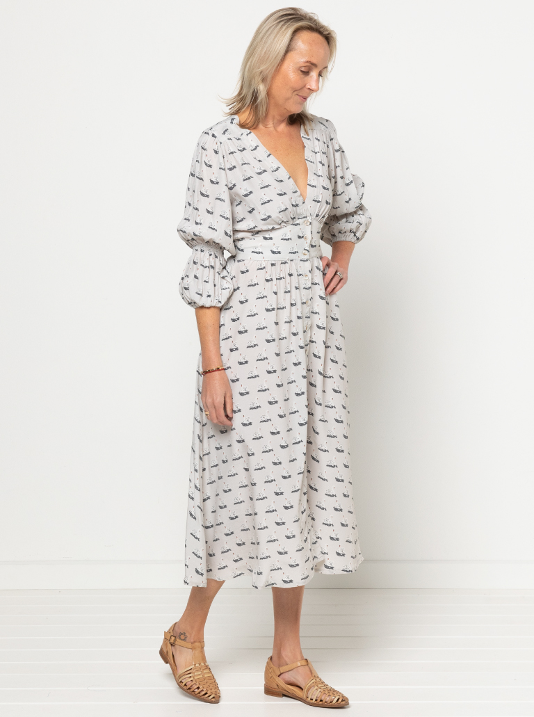 Belle Woven Dress By Style Arc - Make a statement with the new Belle Woven Dress. "V" neck, button through dress with shirred sleeves and back bodice.