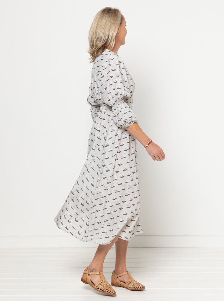 Belle Woven Dress By Style Arc - Make a statement with the new Belle Woven Dress. "V" neck, button through dress with shirred sleeves and back bodice.