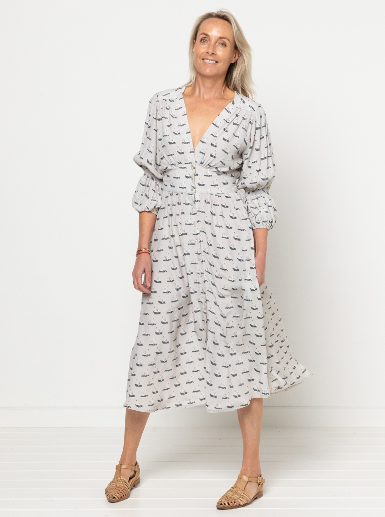 Belle Woven Dress By Style Arc - Make a statement with the new Belle Woven Dress. "V" neck, button through dress with shirred sleeves and back bodice.