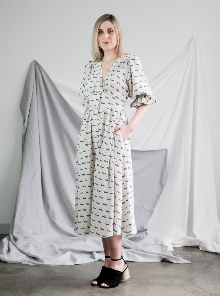 Belle Woven Dress By Style Arc - Make a statement with the new Belle Woven Dress. "V" neck, button through dress with shirred sleeves and back bodice.