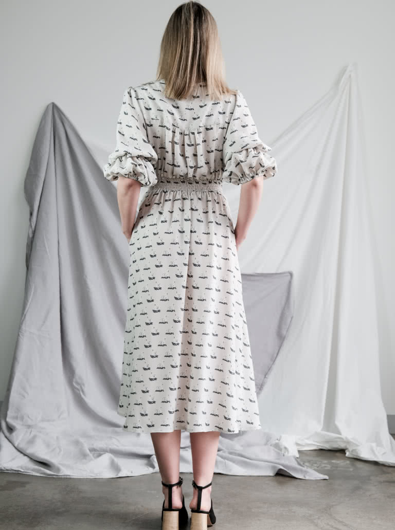 Belle Woven Dress By Style Arc - Make a statement with the new Belle Woven Dress. "V" neck, button through dress with shirred sleeves and back bodice.
