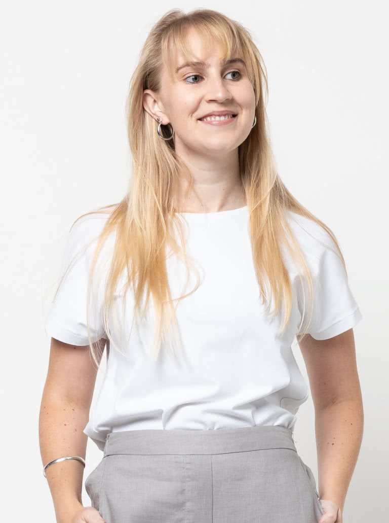 Besharl Knit Tee Sewing Pattern By Style Arc - Square cut extended shoulder T-shirt with angled seams & back detail