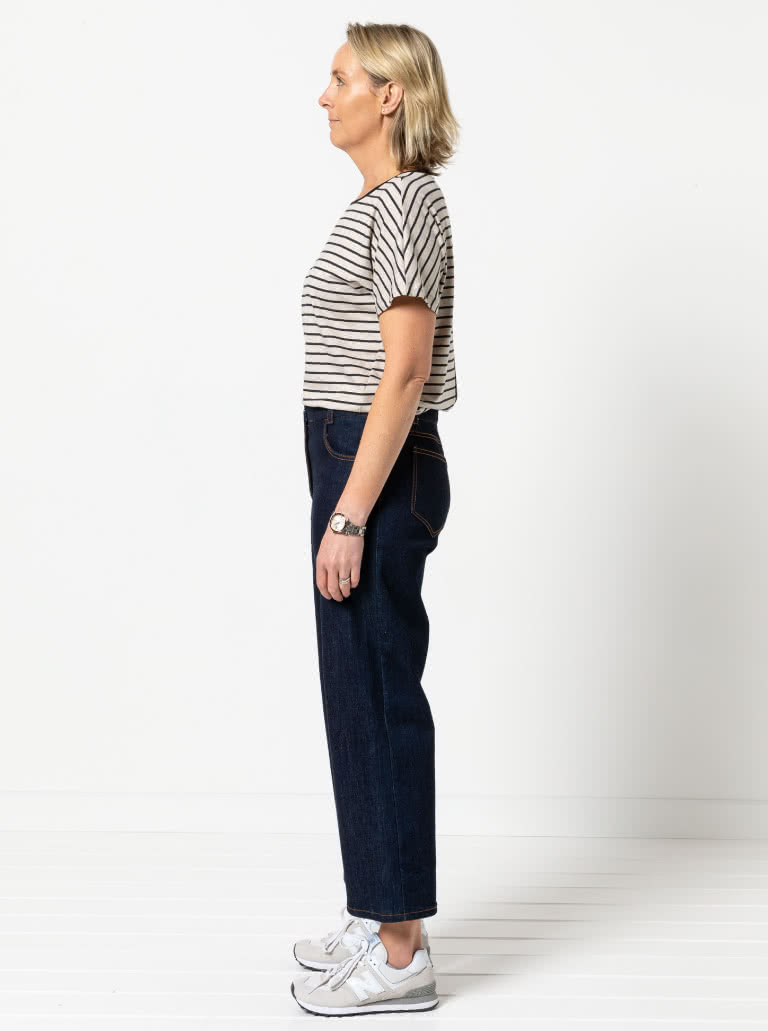 Besharl Knit Tee Sewing Pattern By Style Arc - Square cut extended shoulder T-shirt with angled seams & back detail.