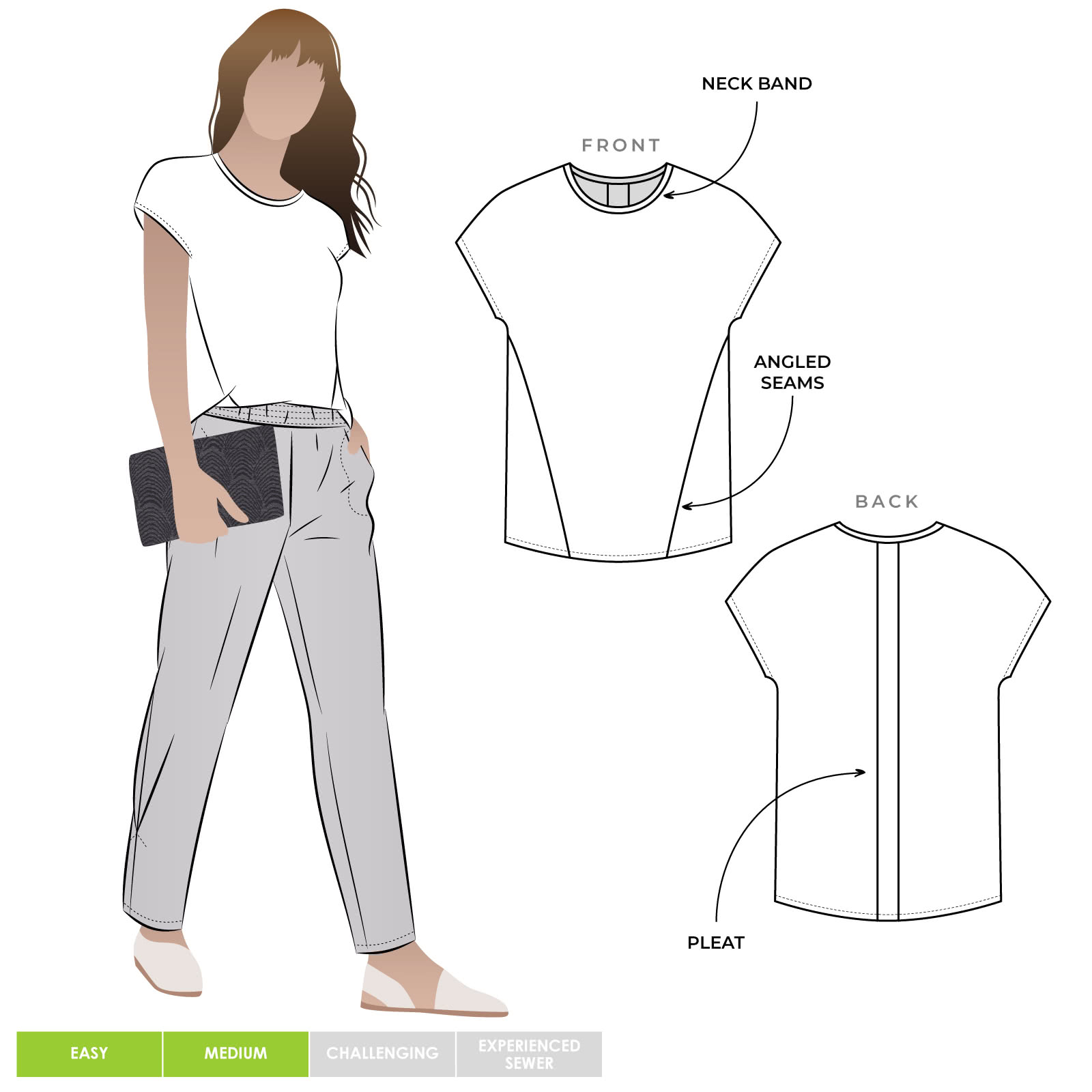 Besharl Knit Tee Sewing Pattern By Style Arc - Square cut extended shoulder T-shirt with angled seams & back detail.