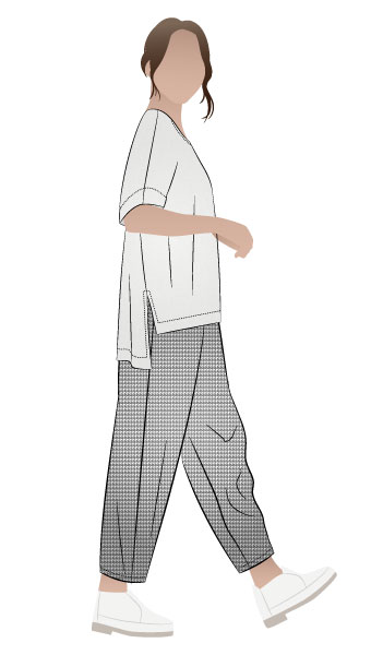 Betty And Bob Bundle By Style Arc - This is a barrel shaped pant with an elastic waistband and in seam pockets, paired with a square shaped tunic with a floaty back, extended shoulder line and side splits
