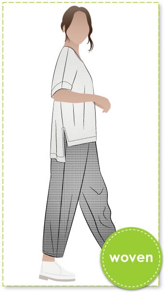 Betty And Bob Sewing Pattern Bundle By Style Arc - This is a barrel shaped pant with an elastic waistband and in seam pockets, paired with a square shaped tunic with a floaty back, extended shoulder line and side splits