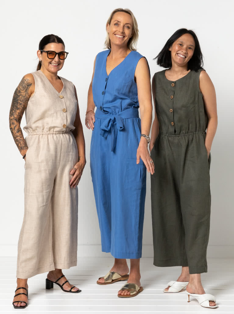 Birdie Jumpsuit By Style Arc - Jumpsuit featuring a buttoned front opening, 2 neck shapes, one round & one "V". Wide 7/8" leg length, two pocket options and a tie belt.