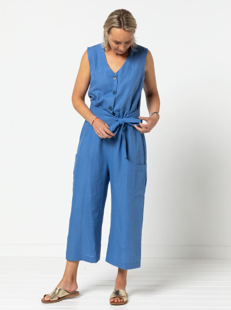 Birdie Jumpsuit By Style Arc - Jumpsuit featuring a buttoned front opening, 2 neck shapes, one round & one "V". Wide 7/8" leg length, two pocket options and a tie belt.