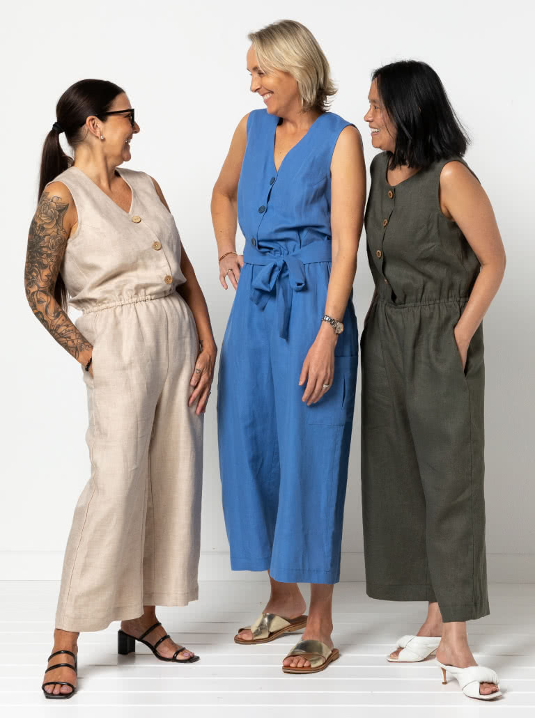 Birdie Jumpsuit By Style Arc - Jumpsuit featuring a buttoned front opening, 2 neck shapes, one round & one "V". Wide 7/8" leg length, two pocket options and a tie belt.