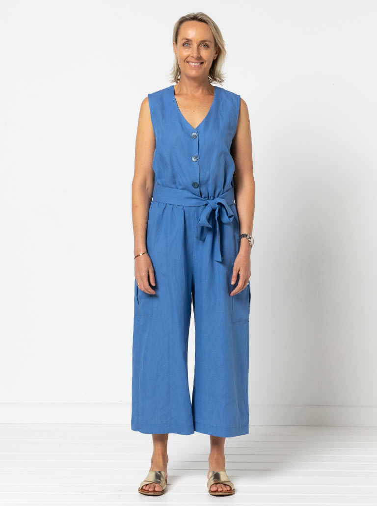 Birdie Jumpsuit By Style Arc - Jumpsuit featuring a buttoned front opening, 2 neck shapes, one round & one "V". Wide 7/8" leg length, two pocket options and a tie belt.