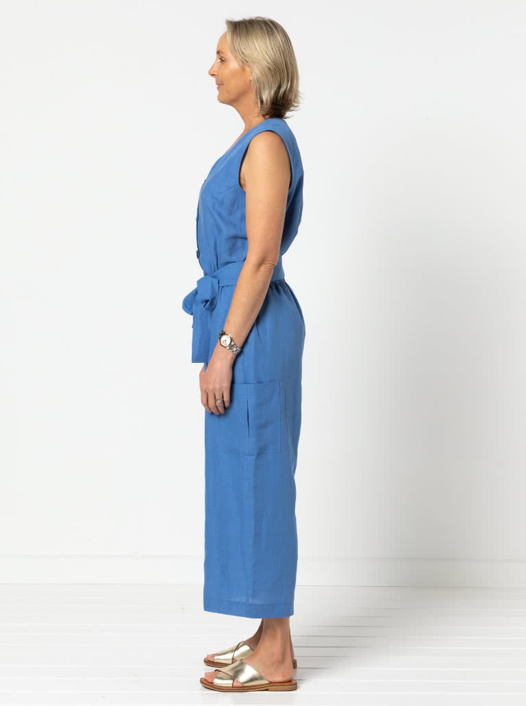 Birdie Jumpsuit By Style Arc - Jumpsuit featuring a buttoned front opening, 2 neck shapes, one round & one "V". Wide 7/8" leg length, two pocket options and a tie belt.