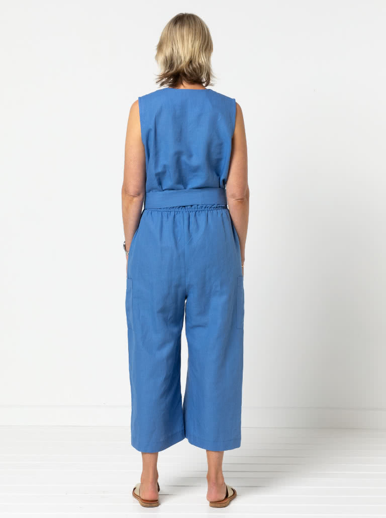 Birdie Jumpsuit By Style Arc - Jumpsuit featuring a buttoned front opening, 2 neck shapes, one round & one "V". Wide 7/8" leg length, two pocket options and a tie belt.