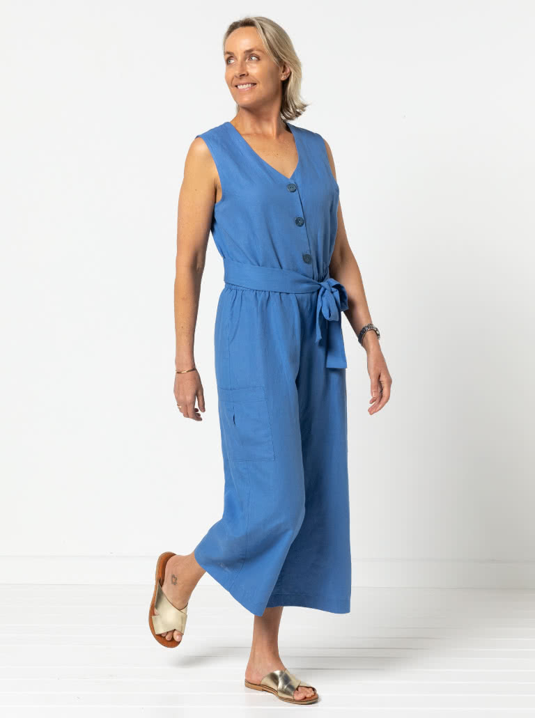 Birdie Jumpsuit By Style Arc - Jumpsuit featuring a buttoned front opening, 2 neck shapes, one round & one "V". Wide 7/8" leg length, two pocket options and a tie belt.