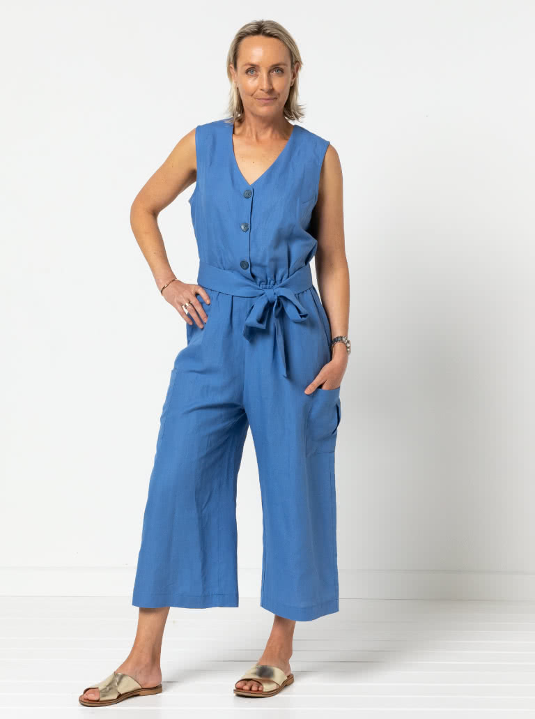 Birdie Jumpsuit By Style Arc - Jumpsuit featuring a buttoned front opening, 2 neck shapes, one round & one "V". Wide 7/8" leg length, two pocket options and a tie belt.