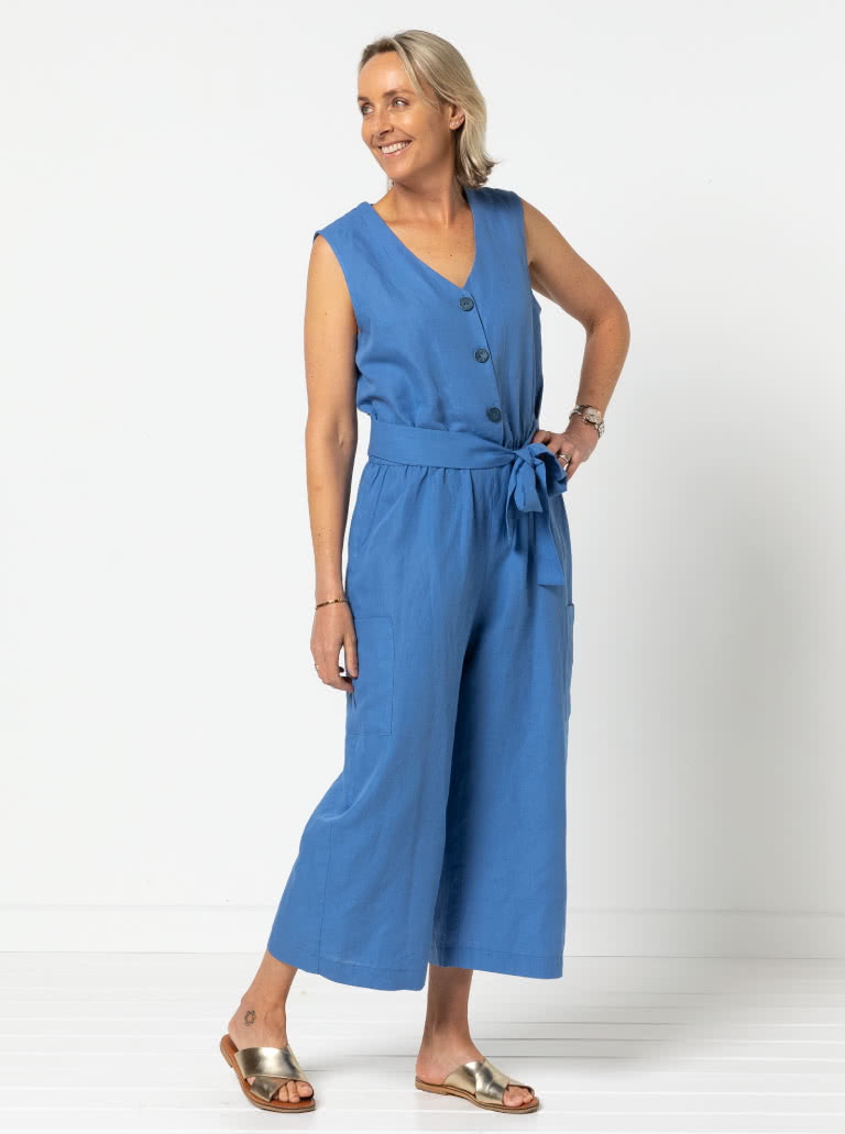 Birdie Jumpsuit By Style Arc - Jumpsuit featuring a buttoned front opening, 2 neck shapes, one round & one "V". Wide 7/8" leg length, two pocket options and a tie belt.