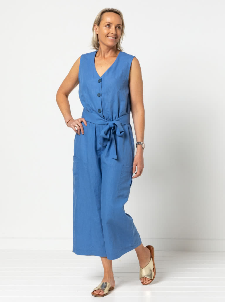 Birdie Jumpsuit By Style Arc - Jumpsuit featuring a buttoned front opening, 2 neck shapes, one round & one "V". Wide 7/8" leg length, two pocket options and a tie belt.