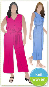 Birdie Jumpsuit By Style Arc - Jumpsuit featuring a buttoned front opening, 2 neck shapes, one round & one "V". Wide 7/8" leg length, two pocket options and a tie belt.