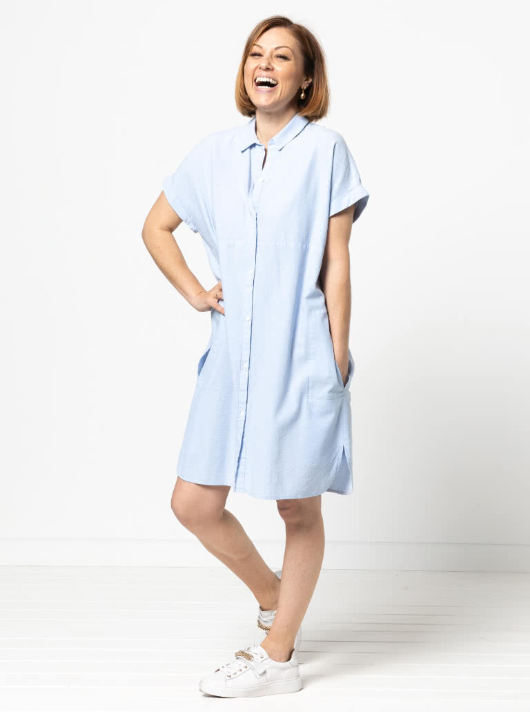 Blaire Shirt & Dress Sewing Pattern By Style Arc - Blaire Shirt - Square shaped shirt with rolled cuff and interesting overlay. Blaire Dress - Shirt-maker dress shirt tail and inset pockets.