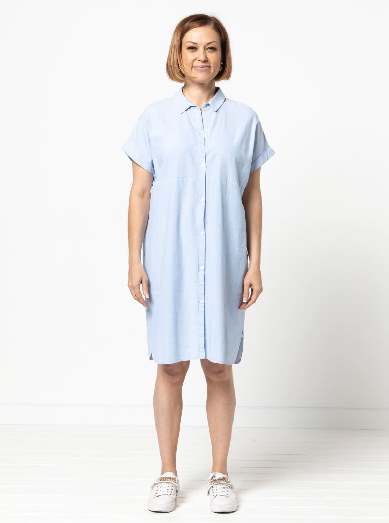 Blaire Shirt & Dress Sewing Pattern By Style Arc - Blaire Shirt - Square shaped shirt with rolled cuff and interesting overlay. Blaire Dress - Shirt-maker dress shirt tail and inset pockets.