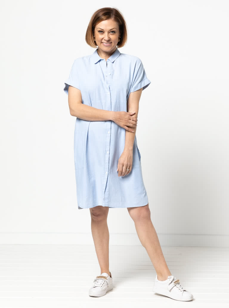 Blaire Shirt & Dress Sewing Pattern By Style Arc - Blaire Shirt - Square shaped shirt with rolled cuff and interesting overlay. Blaire Dress - Shirt-maker dress shirt tail and inset pockets.