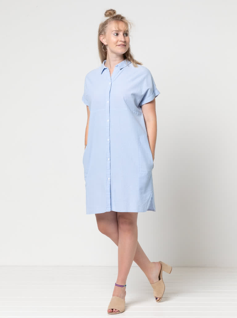 Blaire Shirt & Dress Sewing Pattern By Style Arc - Blaire Shirt - Square shaped shirt with rolled cuff and interesting overlay. Blaire Dress - Shirt-maker dress shirt tail and inset pockets.