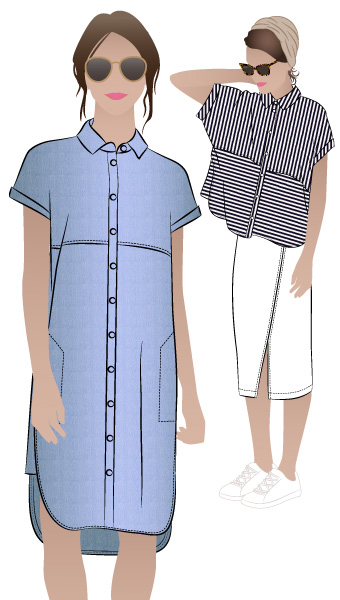 Blaire Shirt & Dress By Style Arc - Blaire Shirt - Square shaped shirt with rolled cuff and interesting overlay. Blaire Dress - Shirt-maker dress shirt tail and inset pockets.