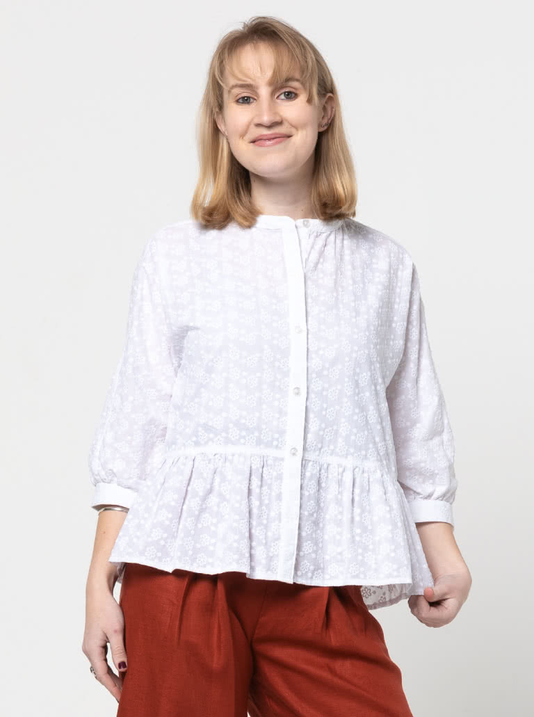 Blossom Woven Top By Style Arc - Square-shaped button-through top sewing pattern featuring a dolman sleeve and gathered peplum